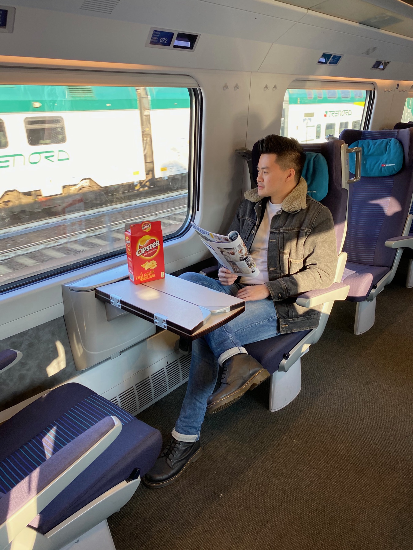 Winter train travel scene between European cities