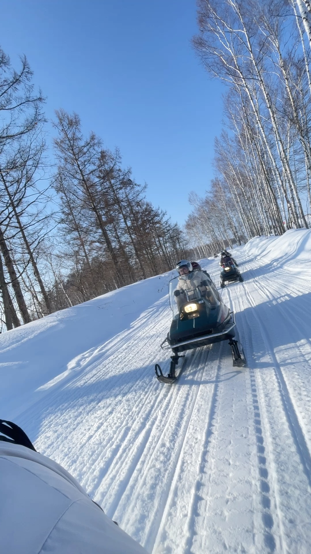 Snow ATV trail through white snow and bare winter trees in Biei
