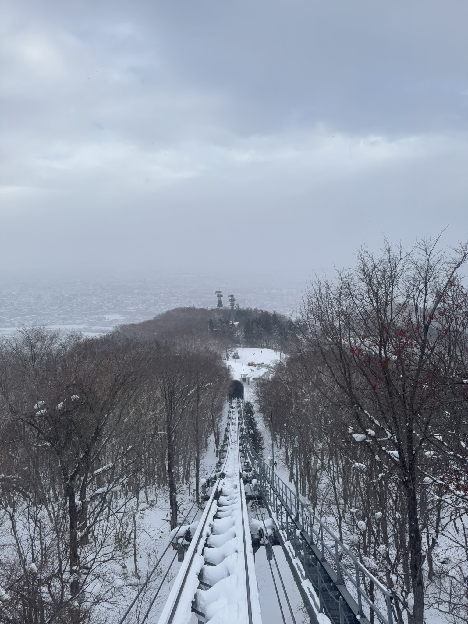 Snowy railway tracks and winter trees on Mt. Moiwa