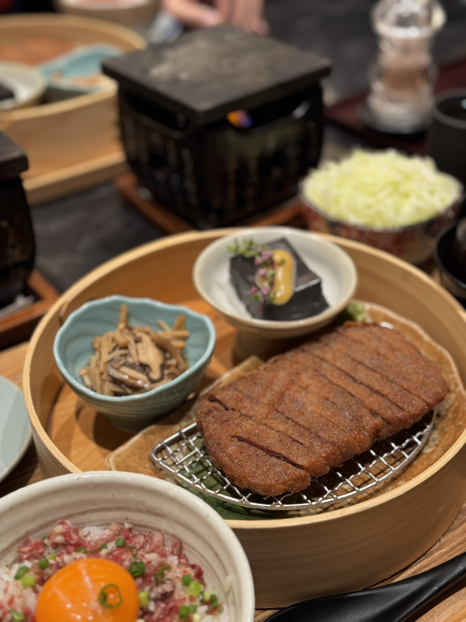 Gyukatsu Motomura beef cutlet set with rice and small side dishes