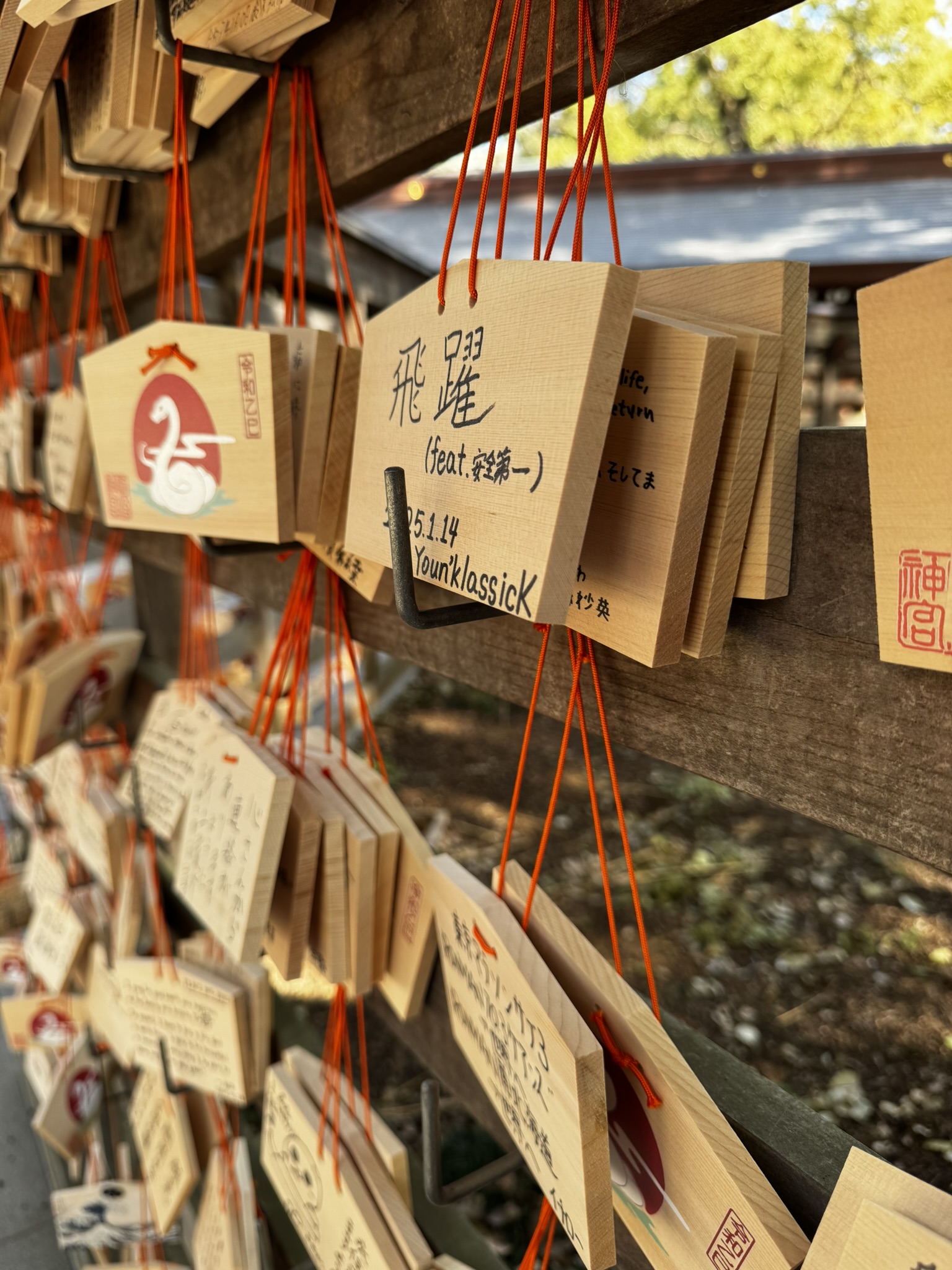 Close-up of wooden ema prayer tablets at Meiji Jingu
