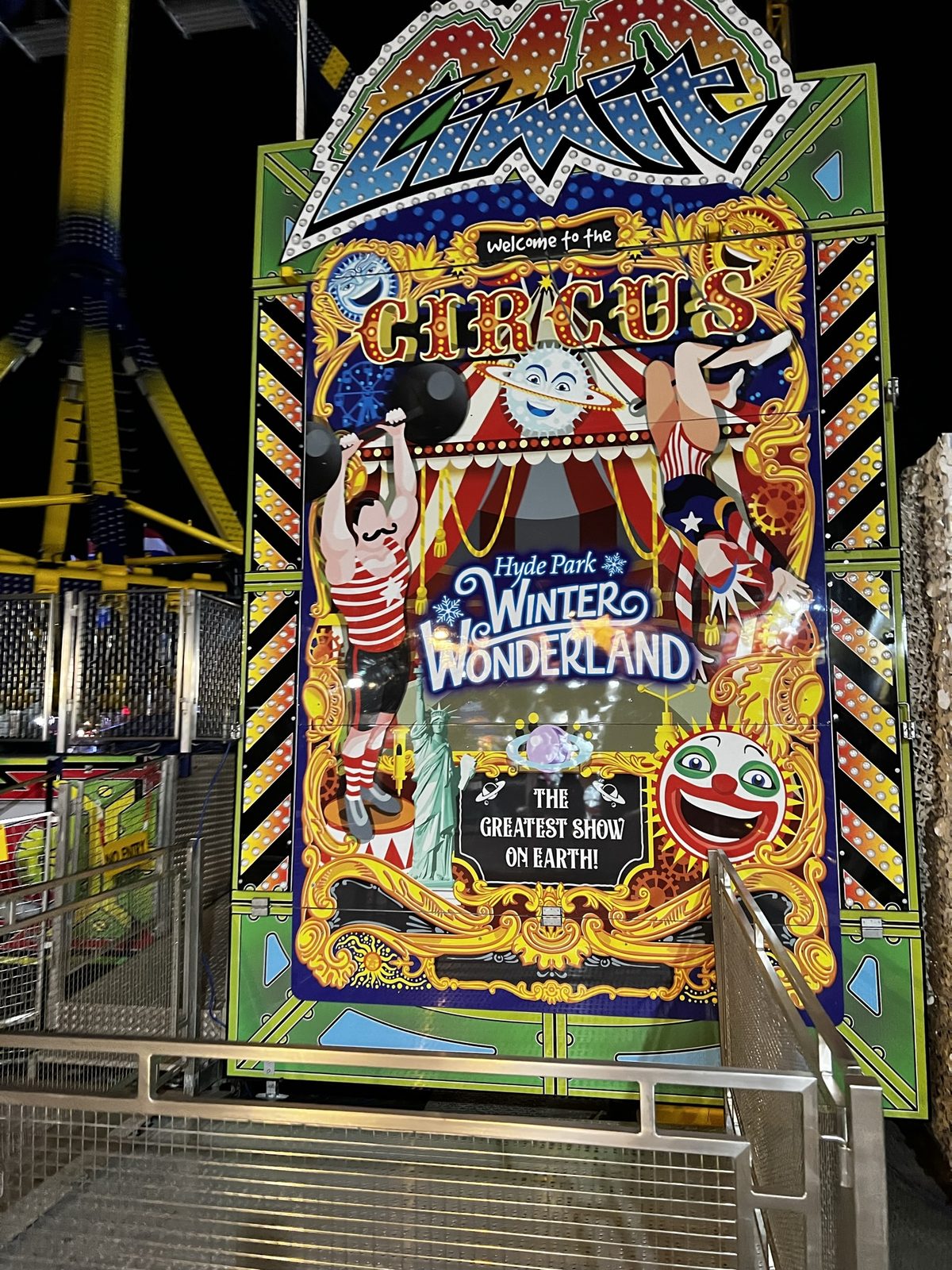 Winter Wonderland circus sign glowing at night